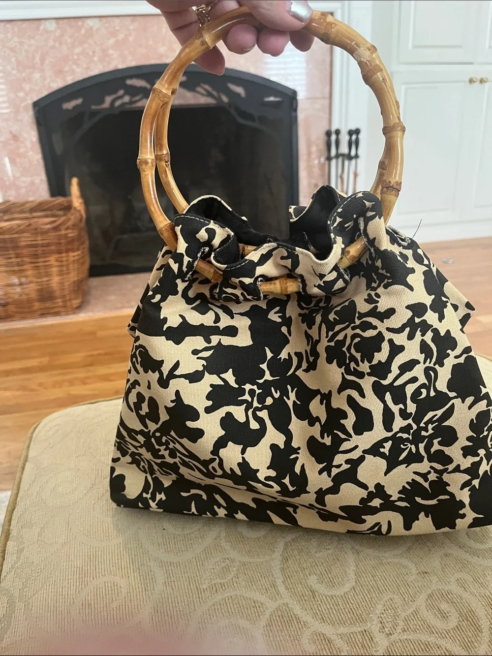 Black and Cream Floral Bamboo-Handle Tote Bag/Purse 100% Cotton